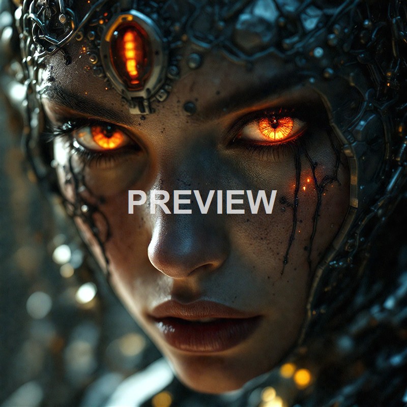 A close-up of a humanoid face with glowing orange eyes, mechanical and electronic components integrated into the skin and around the head, giving a cybernetic or robotic appearance.